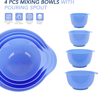BoxedHome 4.5 Quart Large Plastic Mixing Bowls, Microwave Safe Mixing Bowl Set with Pour Spout, Nesting Bowls for Space Saving Storage(Violet Blue)