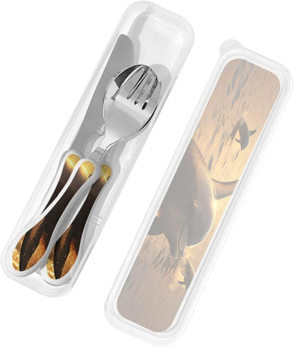 3-Piece Kids Silverware Set With Storage Case, Stainless Steel Reusable Children Safe Knife Spoon Fork Set Tropical Sunset Seaside Children Flatware Set For Kids Lunch Box
