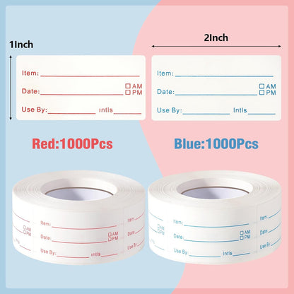 2 Rolls 1000 Pieces Removable Food Labels, 1 x 2 Inch Date Stickers for Freezer, Refrigerator Food Containers - Easy to Write On