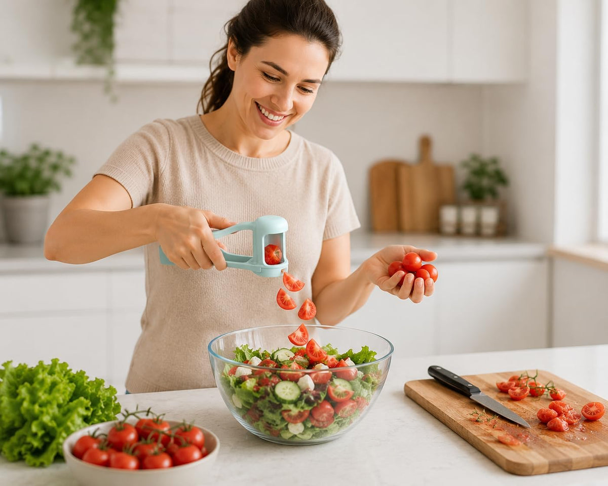 Grape Cutter Tool, Cherry Tomato Slicer & Small Fruit Quartering Tool, Stainless Steel Serrated Blades, One-Hand Kitchen Prep Gadget for Grapes, Olives, Salads & Snacks, Sky Blue