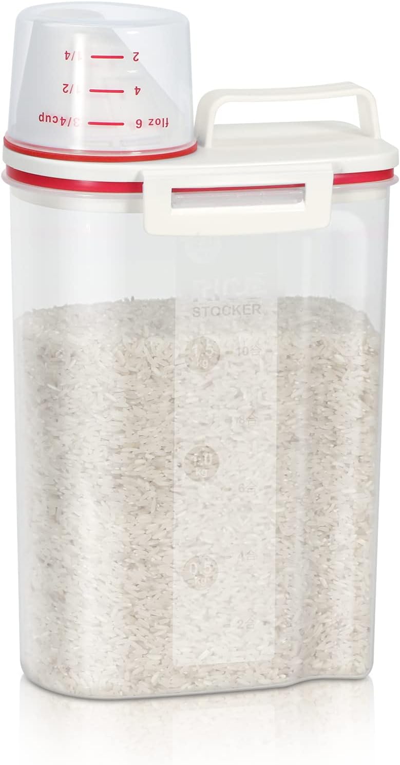 TBMax Rice Storage Container 2 Pack, Plastic Kitchen Pantry Food Storage Container with Cup, Small Pet Dog Cat Food Container Dispenser
