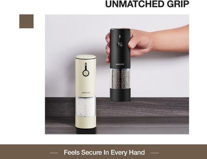 Stainless Steel Rechargeable Electric Salt and Pepper Grinder Set – USB Charging, One-Hand Electric Mill, Adjustable Coarseness, LED Light & Dust Cover –2pack(Greige & Buttercream)