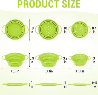 3 Pack Collapsible Colander with Strainer Bowl Set, 11 & 13 In BPA-Free Silicone Colanders for Kitchen, Heat-Resistant Strainer Dishwasher Safe Baskets for Vegetable Fruits(White)
