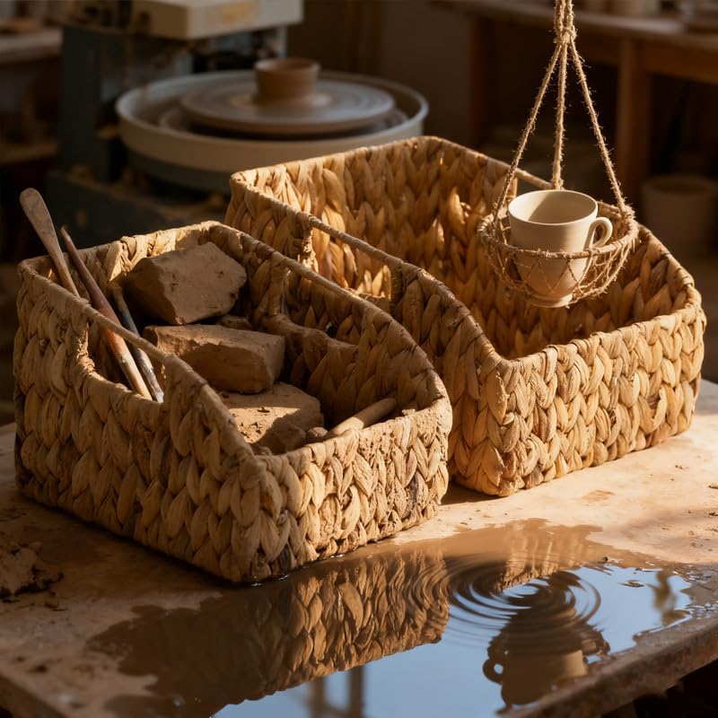 Set of 2 Wicker Basket with Built-in Handles Hand-Woven Natural Water Hyacinth Pantry Baskets for Organizing Storage Baskets for Office Bathroom Kitchen Living Room Dining Room
