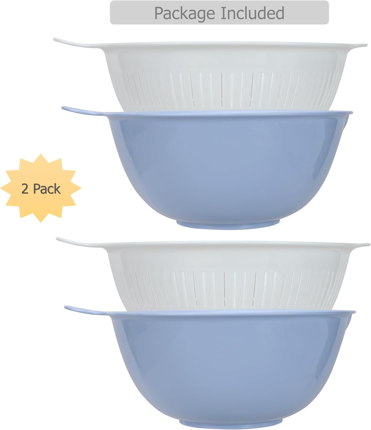 EIKS 2 Pack Plastic Kitchen Colander Basket with Strainer Bowl for Washing Draining Vegetables Fruit Grains Salad Cooing Preparation