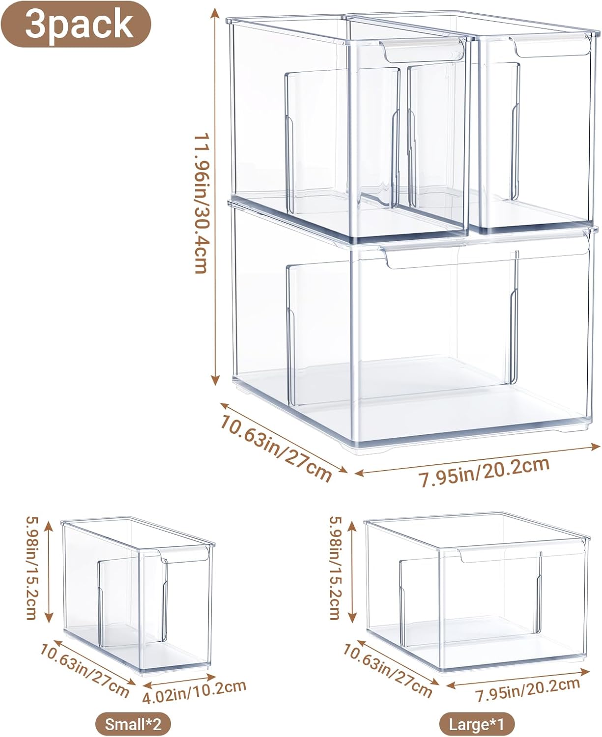Clear Plastic Storage Bins with Dividers for Fridge Pantry Organizers and Storage Containers, 3 Pack Acrylic Stackable Sturdy Storage Boxes for Home Edit and Cabinet Organizers C6-1