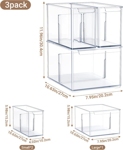 Clear Plastic Storage Bins with Dividers for Fridge Pantry Organizers and Storage Containers, 3 Pack Acrylic Stackable Sturdy Storage Boxes for Home Edit and Cabinet Organizers C6-1