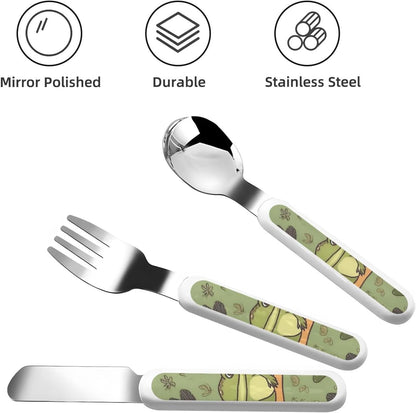 3-Piece Children Utensils Set Frogs and mushrooms Knife Spoon Fork Set Stainless Steel Silverware Set Easy-Grip Reusable Utensils Set Child Flatware Set with Case for Lunch Travel