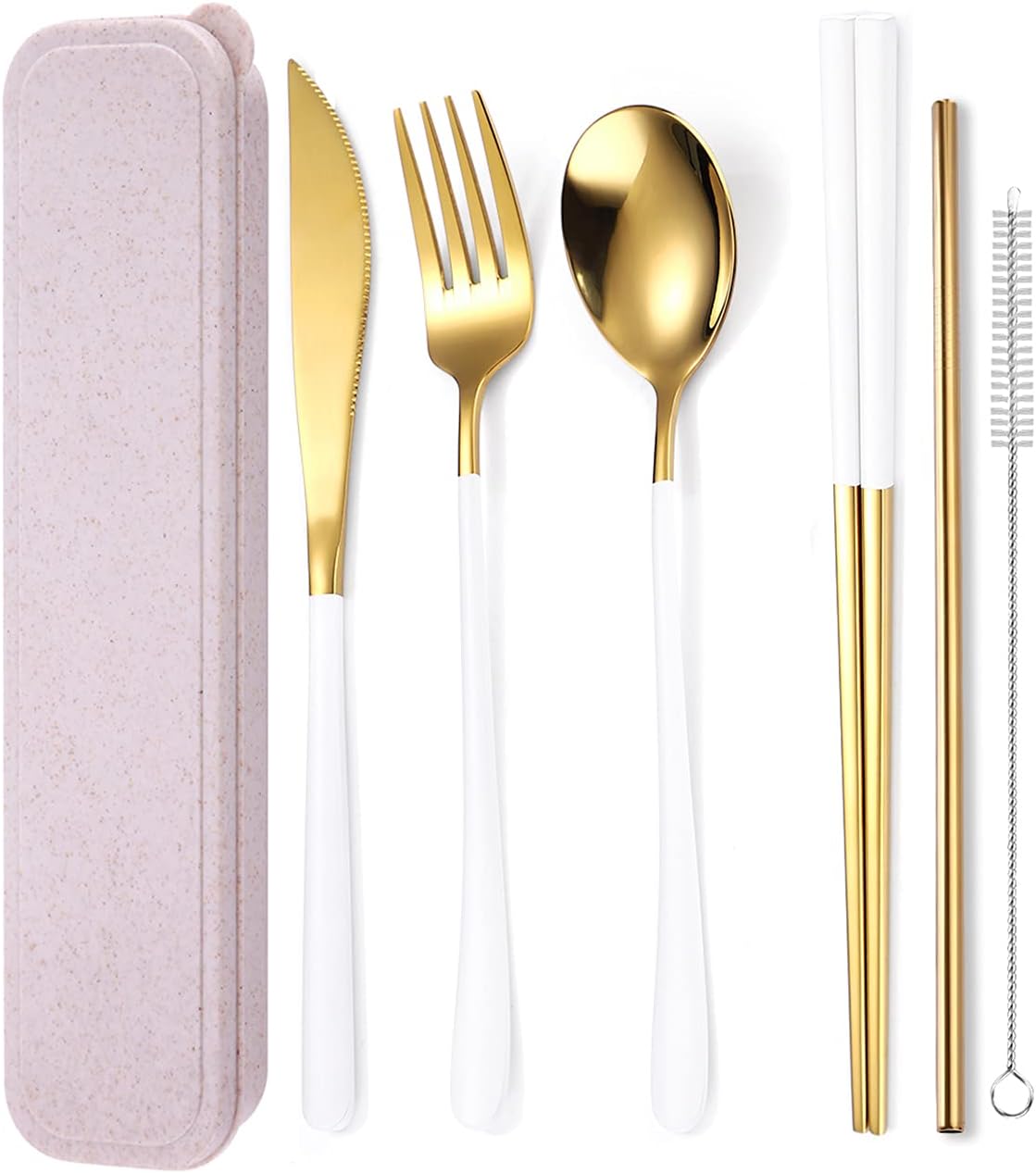 AARAINBOW 6 Pieces 18/8 Stainless Steel Flatware Set Portable Reusable Cutlery Set Travel Utensils Set Including Chopsticks Knife Fork Spoon Straws Cleaning Brush Dishwasher Safe (Green golden)