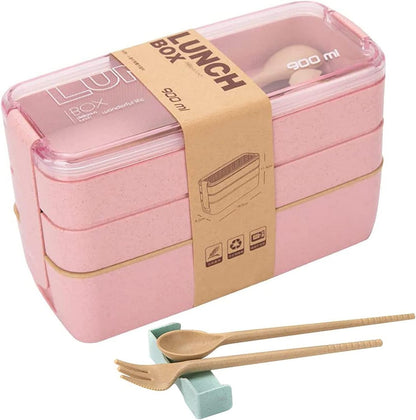 Rarapop 3 Pack Stackable Bento Box Adult Japanese Lunch Box Kit with Spoon & Fork, 3-In-1 Compartment Wheat Straw Meal Prep Containers (Green/Pink/Beige)