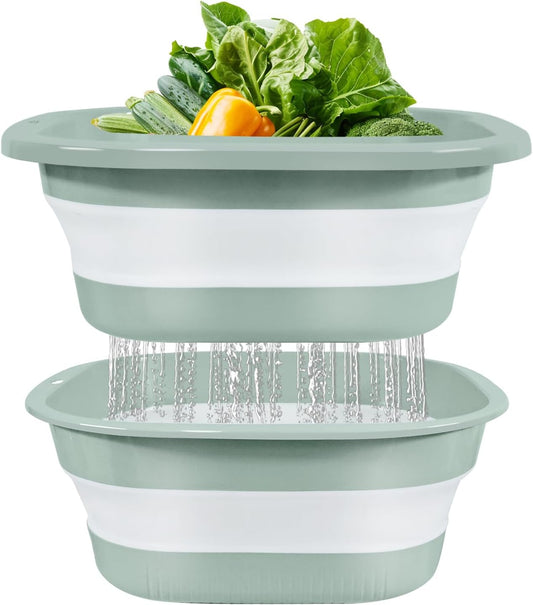 Collapsible Colander and Sink Basin Set - 2 in 1 Collapsible Colander Strainer with Collapsible Wash Basin for Kitchen, RV Camping, Foldable Fruit Vegetable Washing Basket, 8 QT, Blue