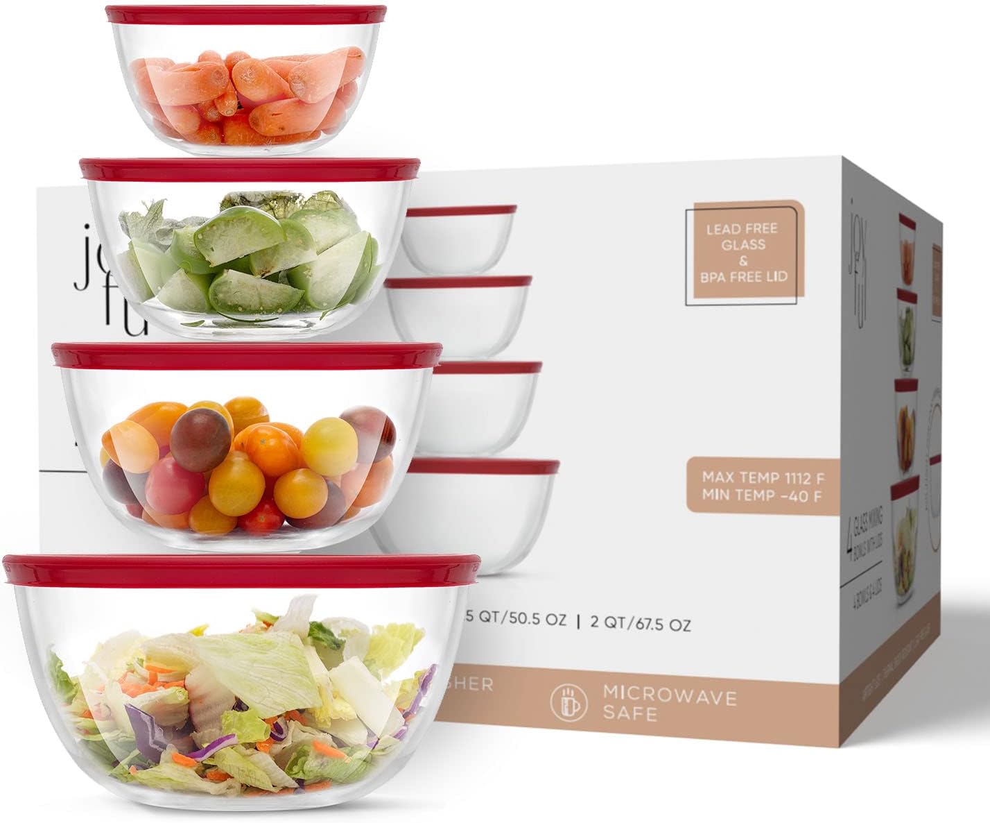 JoyJolt Kitchen Mixing Bowls - 8pc Glass with Lids Set – Neat Nesting Large Bowl Batter Cooking Storage and Big Salad BPA-Free Black