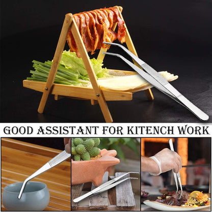Kitchen Tweezers Stainless Steel 8 Inch Long Tweezers Tongs, Heavy Duty large food tweezers with Precision Serrated Tips for Cooking(8" Straight+Curved)