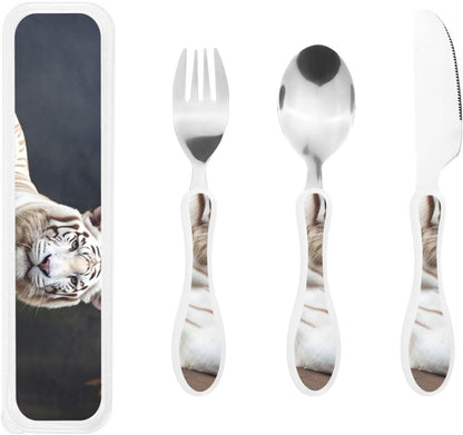 3-Piece Kids Silverware Set With Storage Case, Stainless Steel Reusable Children Safe Knife Spoon Fork Set Airplane Sunset Children Flatware Set For Kids Lunch Box
