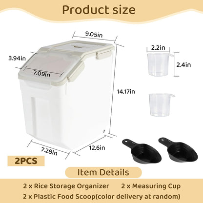 Rice Storage Container 25 lbs, Grey, 2 Pack | Airtight, with Wheels, Locking Lid, Measuring Cup Included, for Flour Sugar Grain Cereal