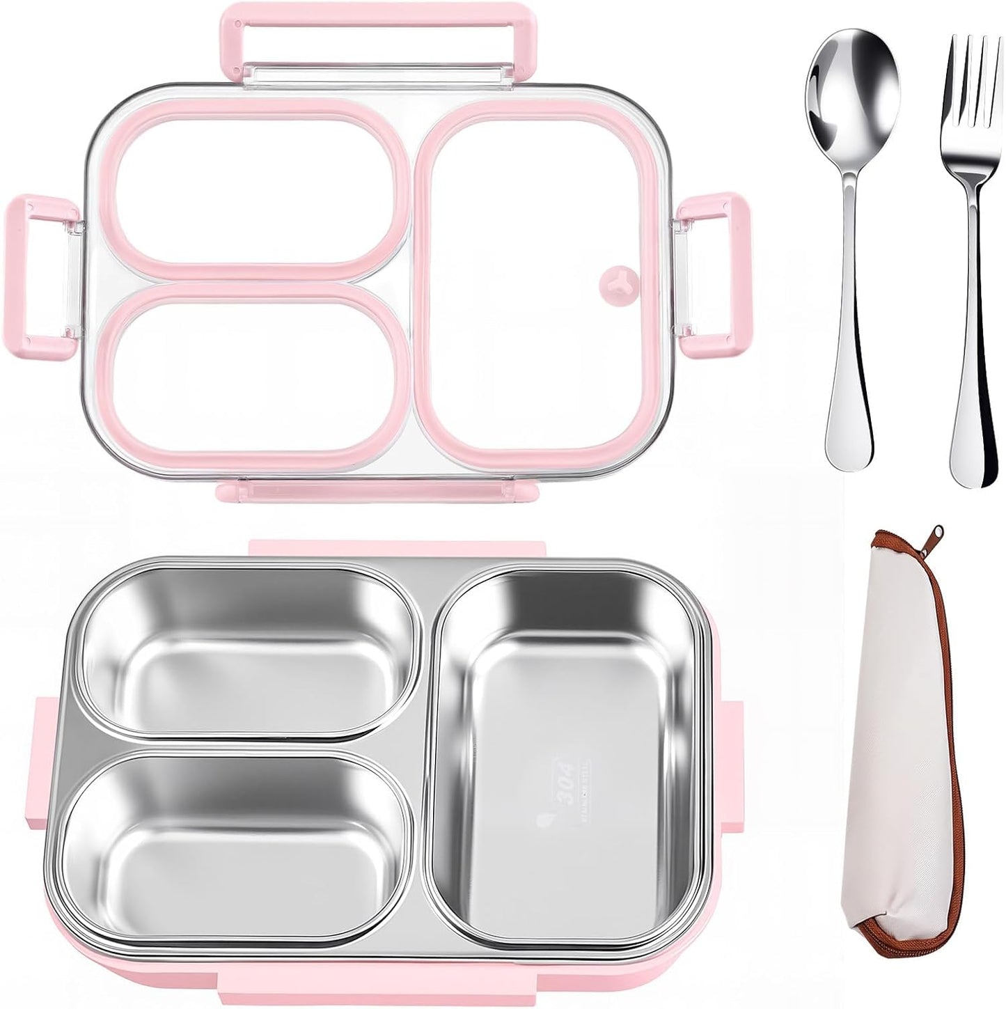 25oz 18/8 Stainless Steel Lunch Box Kit (Bento Box + Fork/Spoon) - 3 Leakproof Compartments - Metal Snack Box for Kids & Adults - School/Office/Travel - Dishwasher Safe (Beige)