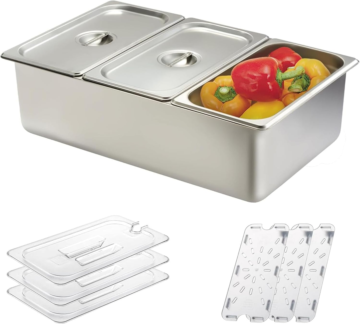 3/4/6 Compartment Stainless Steel Fruit Serving Set with Removable Acrylic Lids, Drainage Mats - Commercial Food Storage Containers for Buffet, Restaurant (3-Pan)