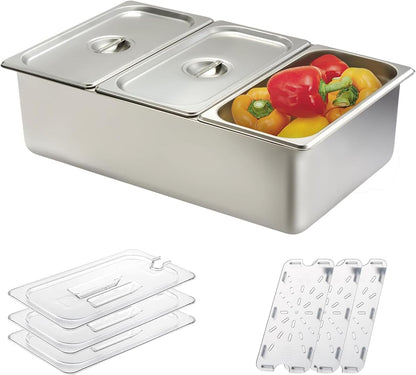 3/4/6 Compartment Stainless Steel Fruit Serving Set with Removable Acrylic Lids, Drainage Mats - Commercial Food Storage Containers for Buffet, Restaurant (3-Pan)