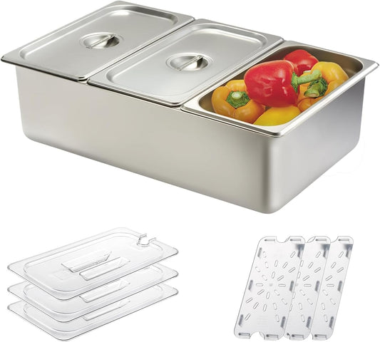 3/4/6 Compartment Stainless Steel Fruit Serving Set with Removable Acrylic Lids, Drainage Mats - Commercial Food Storage Containers for Buffet, Restaurant (3-Pan)