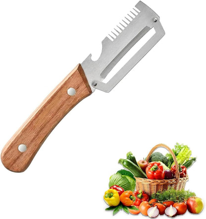 3 in 1 Multi Functional Vegetable Peeler,Stainless Steel Kitchen Tool with Wooden Handle, Fruit Peeler, Julienne Slicer & Bottle Opener for Potato, Apple, Carrot (2)