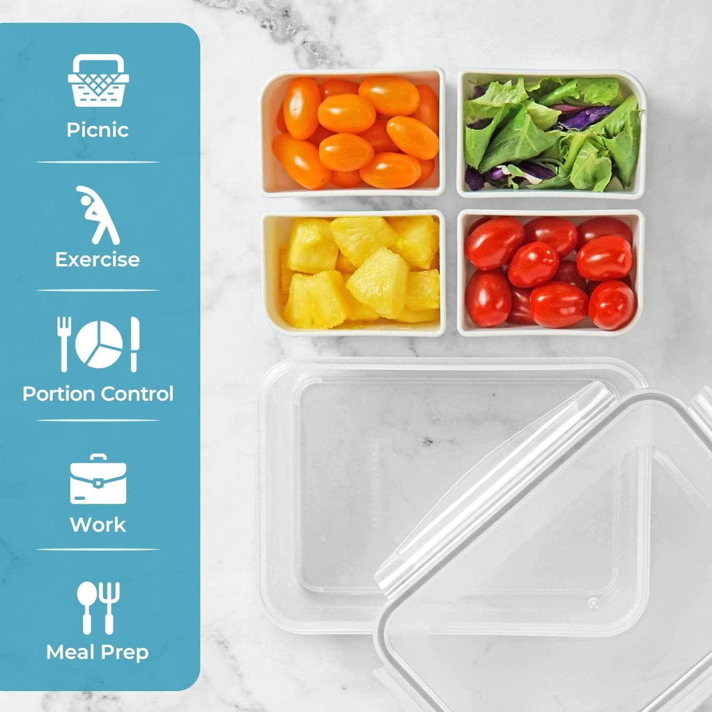 carrotez Food Storage Containers with 3 Removable Compartments, Food Prep Container with Airtight Lids, Portion Control Container, Microwave Safe, Reusable, 4.64 Cup (1100ml)