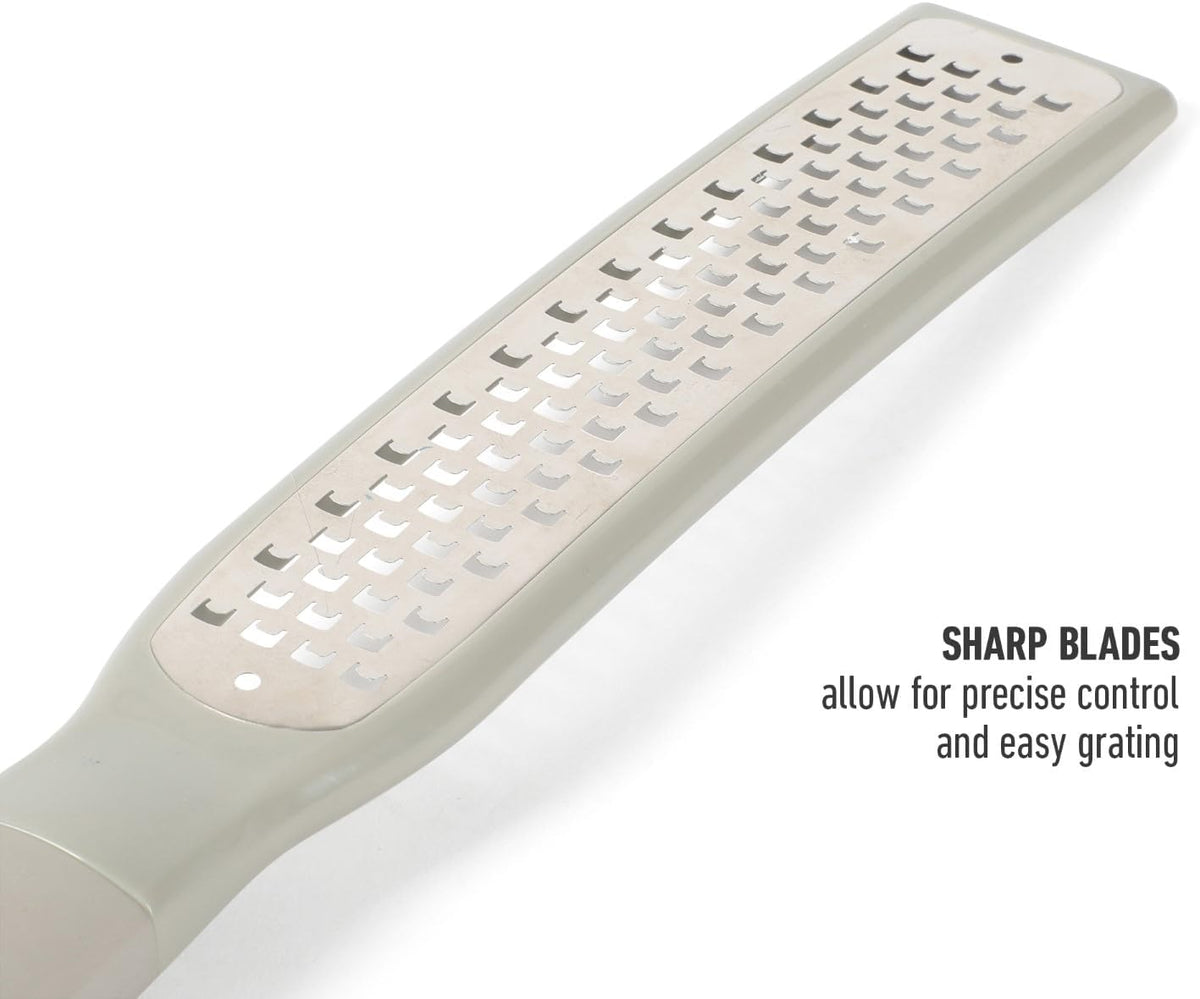Calphalon Edge Lemon Zester, Stainless Steel Fine Citrus Grater for Lemon, Garlic & Ginger, Handheld Kitchen Zester with Protective Cover & Ergonomic Handle, Taupe
