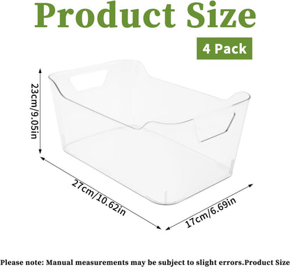 4 Pack Clear Storage Bins for Pantry Organization and Storage, Stackable Fridge Organizers with Built-in Handles, BPA Free Plastic Open Front Baskets for Kitchen Cabinet, Bathroom, Closet, and Toys
