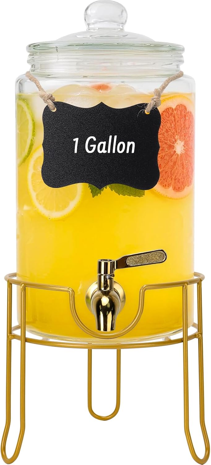 DHSBTLS 1 Gallon Glass Drink Dispensers, Round Beverage Dispenser for Party, BBQ and Picnic, Clear Airtight Juice Dispenser with Golden Stand, Stainless Steel Spigot, Markers and Chalkboard