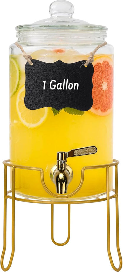 DHSBTLS 1 Gallon Glass Drink Dispensers, Round Beverage Dispenser for Party, BBQ and Picnic, Clear Airtight Juice Dispenser with Golden Stand, Stainless Steel Spigot, Markers and Chalkboard