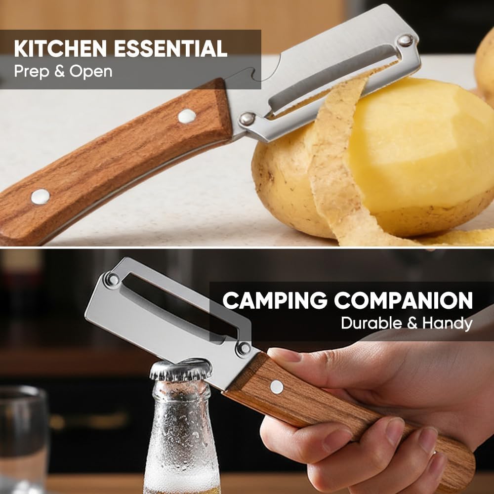 Multifunctional Vegetable Peeler, 2-in-1 Peelers For Kitchen with Bottle Opener, Sharp Stainless Steel Swivel Blade, Wooden Handle, For Vegetables or Fruits that Need to Be Peeled (2)2PCS