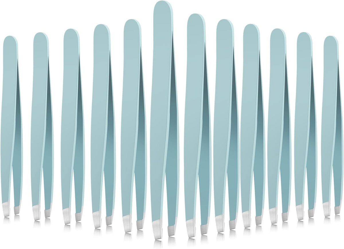 Mudder 12 Pcs Eyebrow Tweezers Set for Facial Hair Stainless Steel Slanted Tip Tweezers in Bulk for Men and Women(Silver)