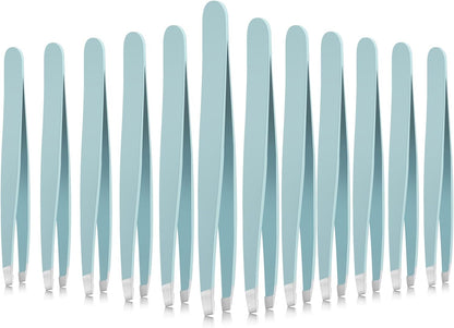 Mudder 12 Pcs Eyebrow Tweezers Set for Facial Hair Stainless Steel Slanted Tip Tweezers in Bulk for Men and Women(Silver)