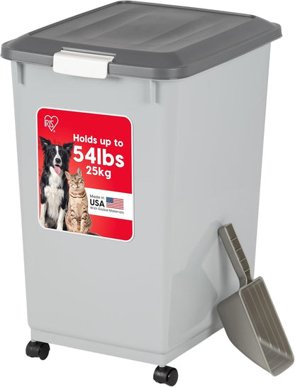 IRIS USA Dog Food Storage Container with Wheels, Airtight Lid, 2-Cup Scoop, Up to 30 Pounds Pet Food Storage, Built in Scoop Storage in Lid, Versatile Pet Food Bin, Portable, BPA Free, Gray/Dark Gray