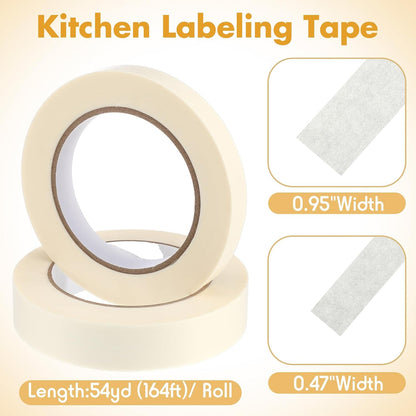 2 Kitchen Freezer Labeling Tapes with 1 Marker Pen, 0.47" x 54 yd Narrow Roll & 0.95" x 54 yd Wide Roll, Waterproof Low Temperature Freezer Marking Tape for Glass Bottle, Storage Container