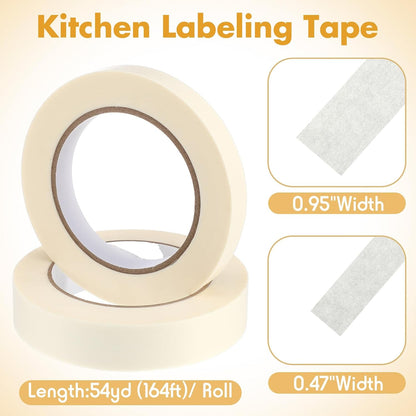 2 Kitchen Freezer Labeling Tapes with 1 Marker Pen, 0.47" x 54 yd Narrow Roll & 0.95" x 54 yd Wide Roll, Waterproof Low Temperature Freezer Marking Tape for Glass Bottle, Storage Container