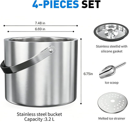 3.2L Double Wall Stainless Steel Ice Bucket with Lid,Scoop, Updated Insulated Ice Bucket for Cocktail Bar and Parties