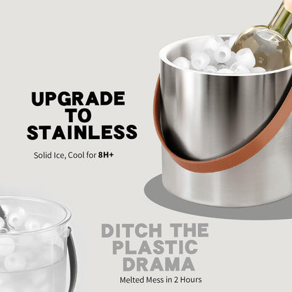 Bakpoco Double-Wall Vacuum Insulated Ice Bucket with Lid, Scoop, Ice Tong, Strainer & Leather Handle Keep Ice Frozen Longer Large Wine Ice Buckets for Cocktail Bar,Parties Chilling Beer Champagne 3L