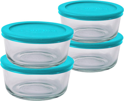 Anchor Hocking 2 Cup Glass Storage Containers with Lids, Set of 4 Glass Food Storage Containers with Mint SnugFit Lids