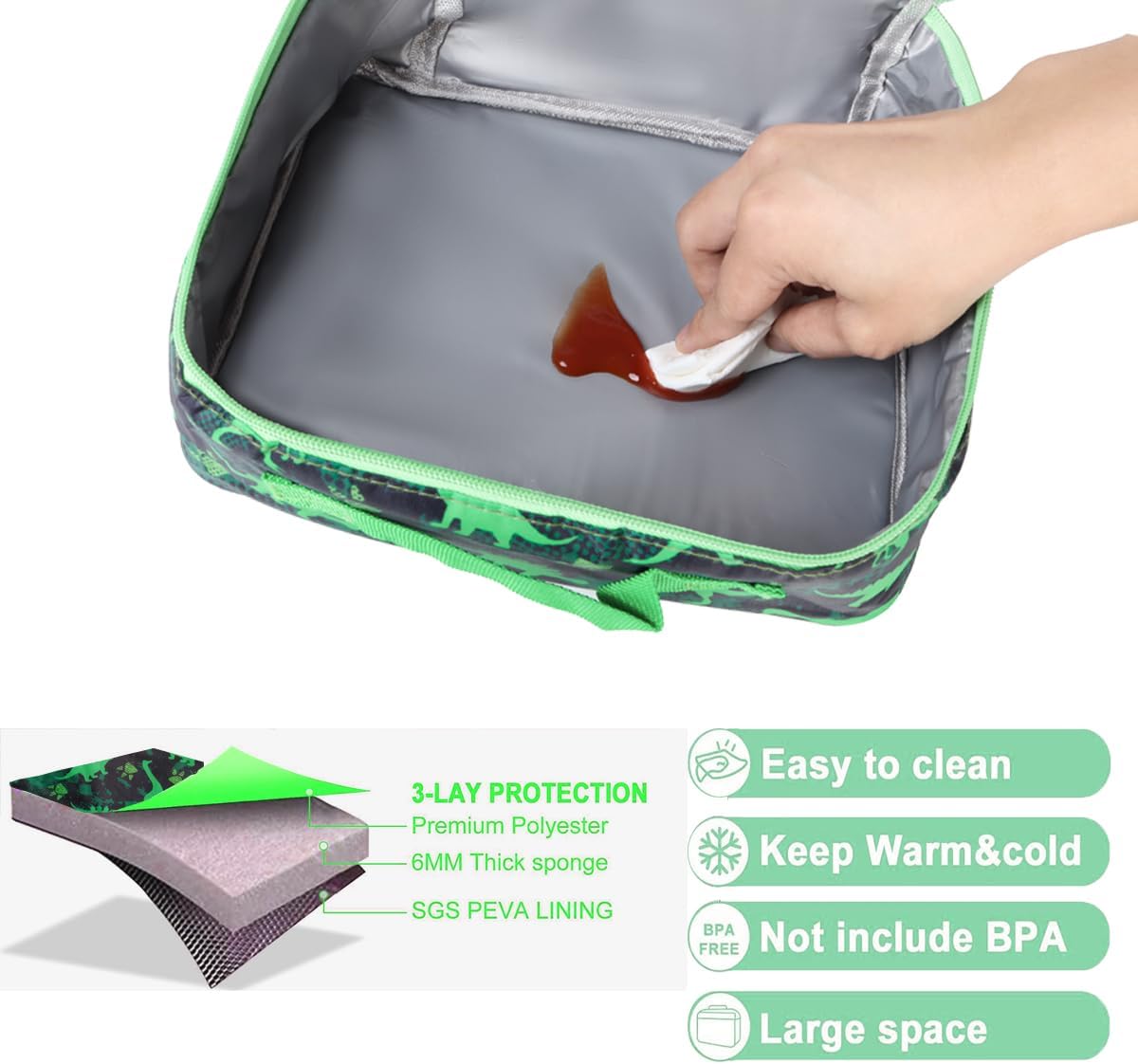 Dinosaur Bento Box for Kids Insulated Lunch Bag, 6-Compartment Leak-Proof Lightweight School Lunch Set for Boys Toddler with Spoon, Fork & Sauce Container