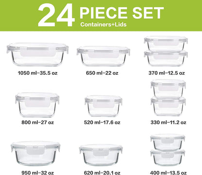 M MCIRCO 24-Piece Glass Food Storage Containers with Upgraded Snap Locking Lids,Glass Meal Prep Containers Set - Airtight Lunch Containers, Microwave, Oven, Freezer and Dishwasher