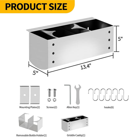 Stainless Steel Griddle Caddy for 28"/36" Blackstone Griddles, BBQ Grill Tool Holder with Removable Storage Organizer, Outdoor Grill Accessory No-Drill Installation