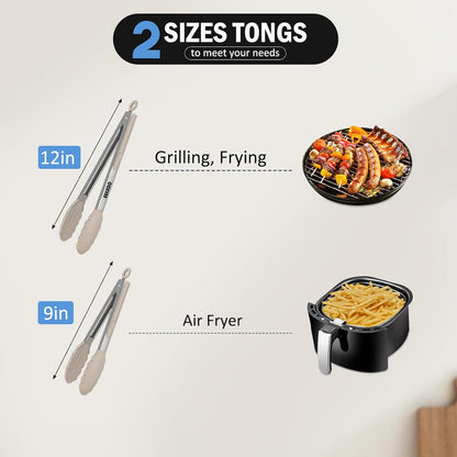 Kitchen Tongs, Stainless Steel Cooking Tongs with Silicone Tips, 600ºF High Heat-Resistant Non Scratch Locking Tongs for Cooking BBQ Grilling Air Fryer Pans, Set of 3 (7" 9" and 12") Black