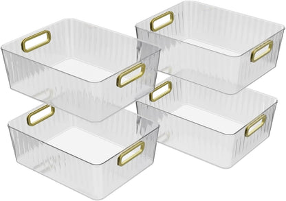 4 Packs Clear Plastic Storage Bins, Pantry, Home, Kitchen, Office, Cabinet, Shelf and Fridge Organizer Basket Bin with Handle