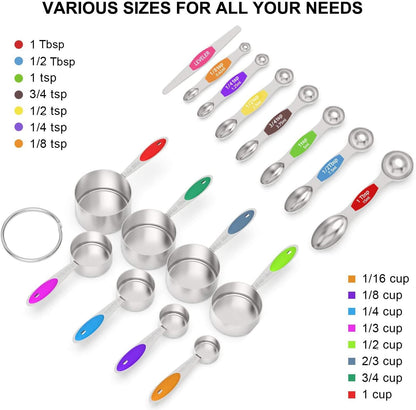 Wildone Measuring Cups and Magnetic Measuring Spoons Set, 16Pcs | 8 Stainless Measuring Cups, 7 Double-sided Magnetic Measuring Spoons & leveler for Spice Jar and Liquid Measuring, Multicolor