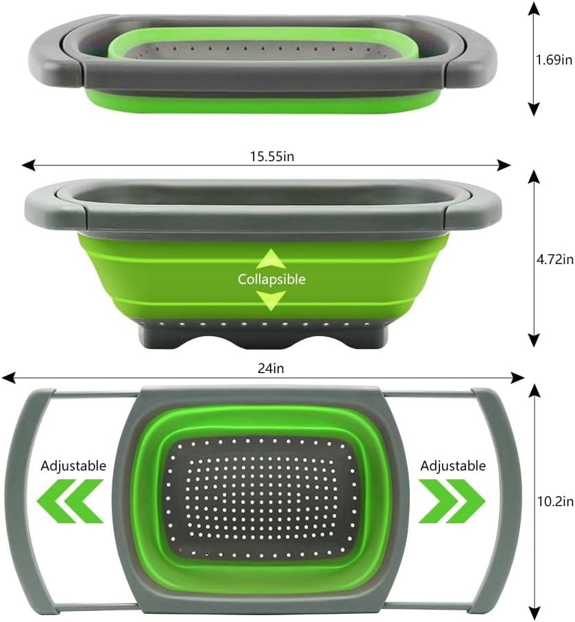 Collapsible Colander Strainer with Extendable Handles - Over the Sink Vegetable/Fruit Colanders Strainers for Kitchen, Capacity of 6 quart (Blue)