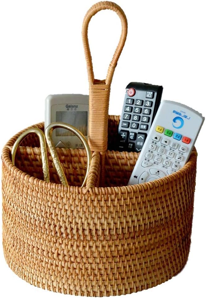 i-lan Set of 2 Rattan Utensil Caddy with Handle (7 Inch) - 4-Section Woven Wicker Silverware Holder for Tea Bags & Condiments, Boho Divided Organizer Basket for Kitchen Countertop, Party & Picnic