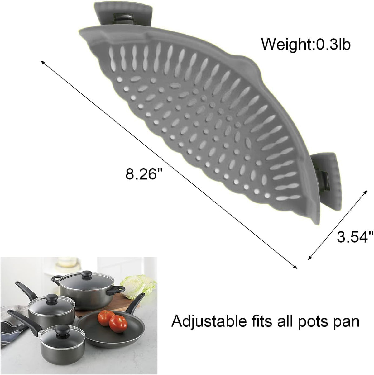 Clip On Strainer Silicone for All Pots and Pans, Pasta Strainer Clip on Food Strainer for Meat Vegetables Fruit Silicone Kitchen Colander (Black)