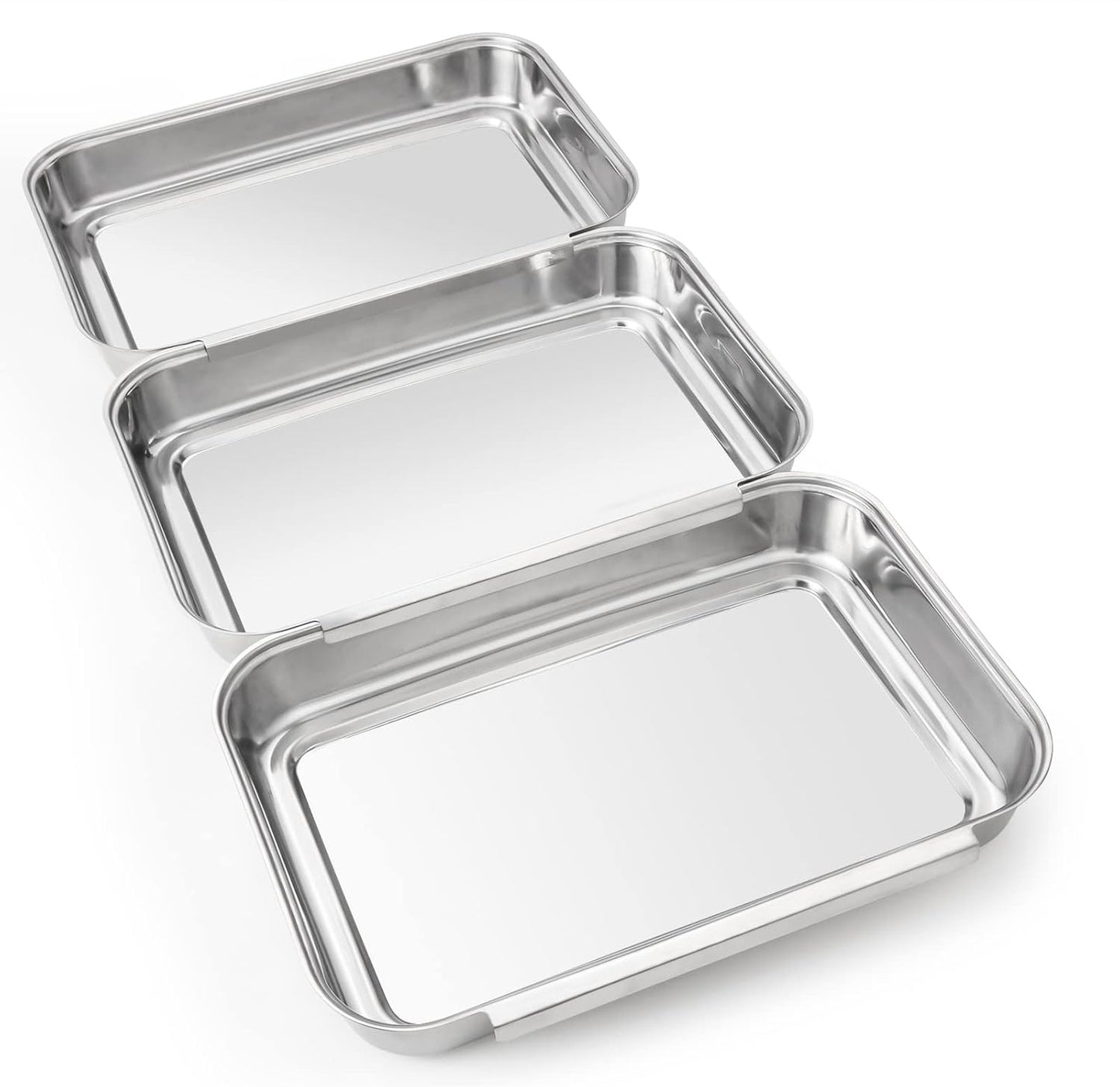HULISEN Set of 3 Breading Pans, Stainless Steel Breading Set for Marinating Meat, Chicken, Fish, Food Prep Trays, Coating Trays Can Be Used to Baking Cake, Oven Safe