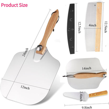 Pizza Peel Set with Rocker Cutter and Serving Spatula, 12 inch