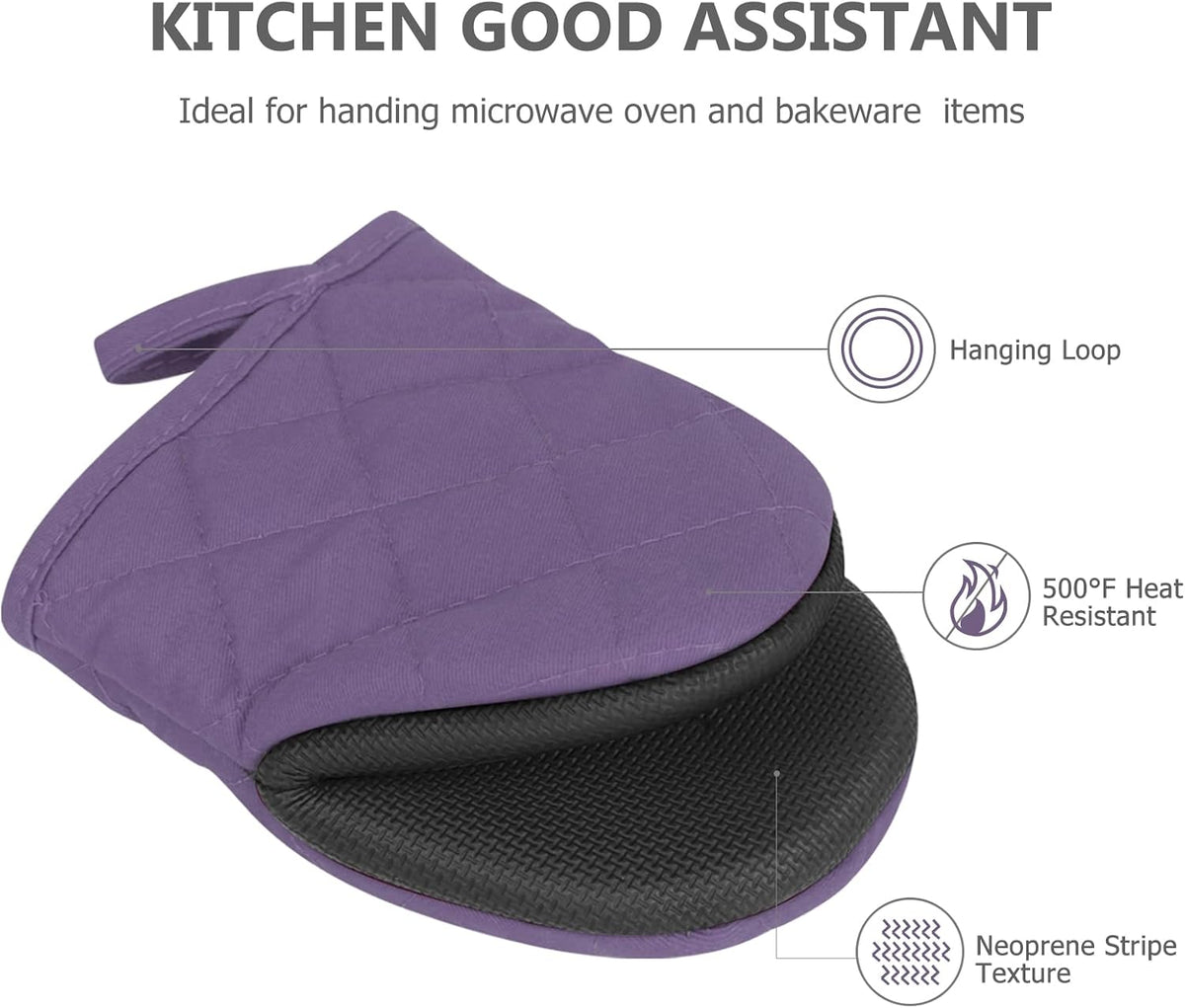 1 Pair Short Oven Mitts - Silicone Kitchen Oven Gloves High Heat Resistant 500℉, Mini Oven Mits with Non-Slip Grip Surfaces and Hanging Loop for BBQ, Baking, Cooking and Grilling (Black)